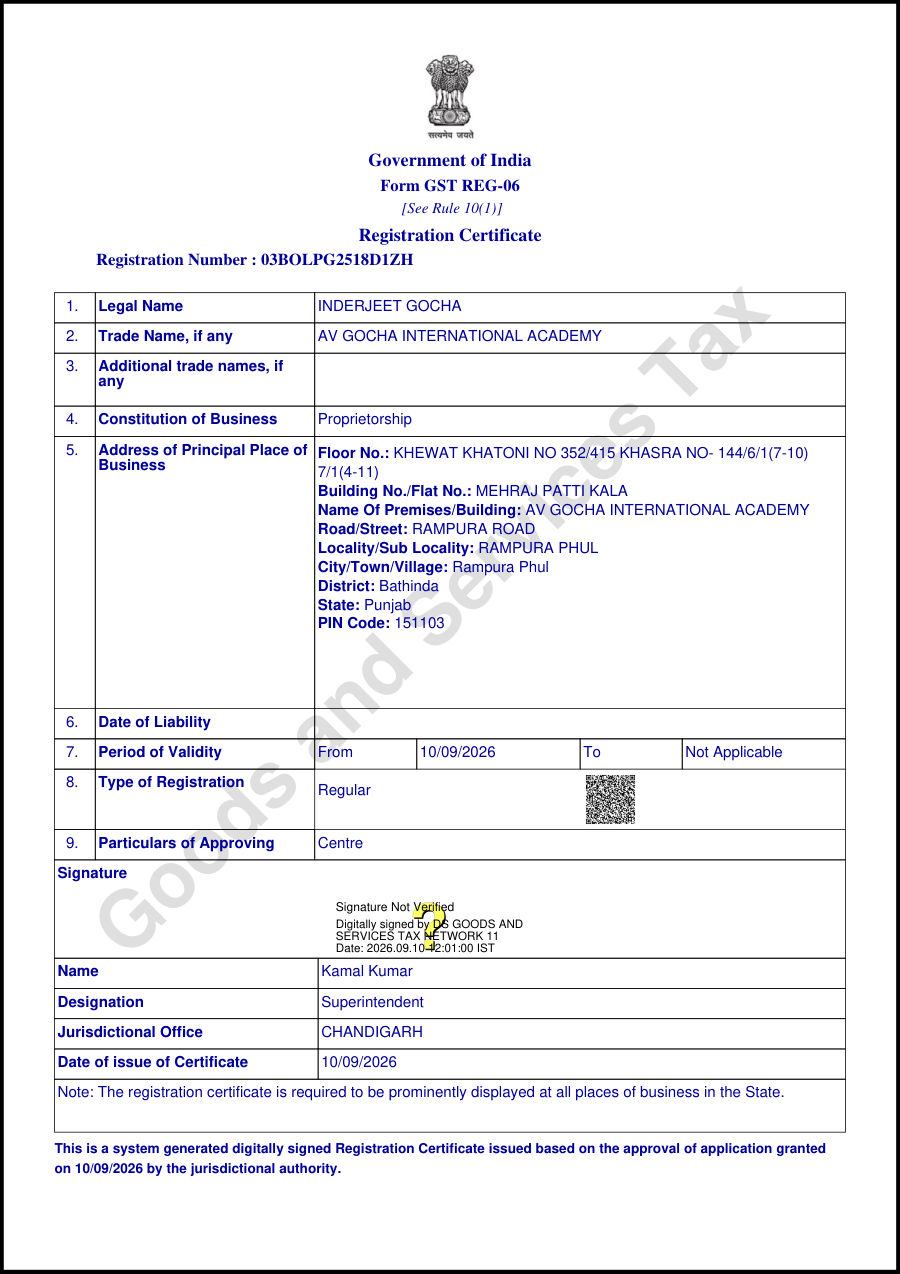 GST registration certificate, Form GST REG-06, issued by the Government of India