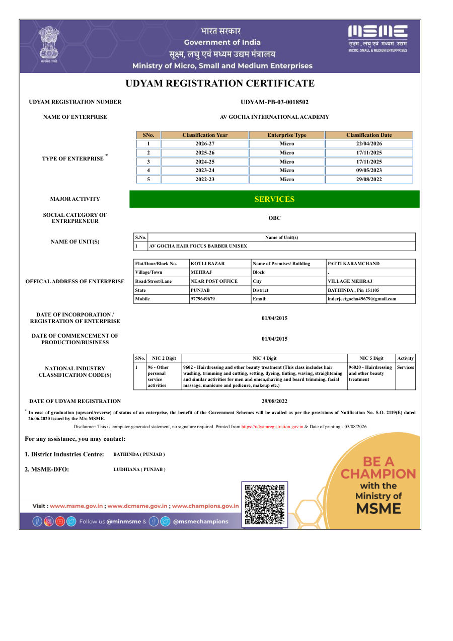 Udyam registration certificate issued by the Ministry of Micro, Small and Medium Enterprises