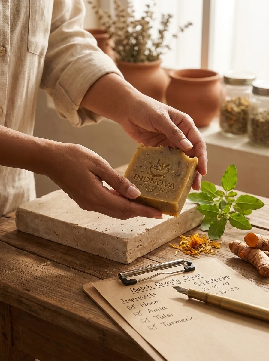 A finished soap bar held over a batch quality sheet listing neem, amla, tulsi and turmeric