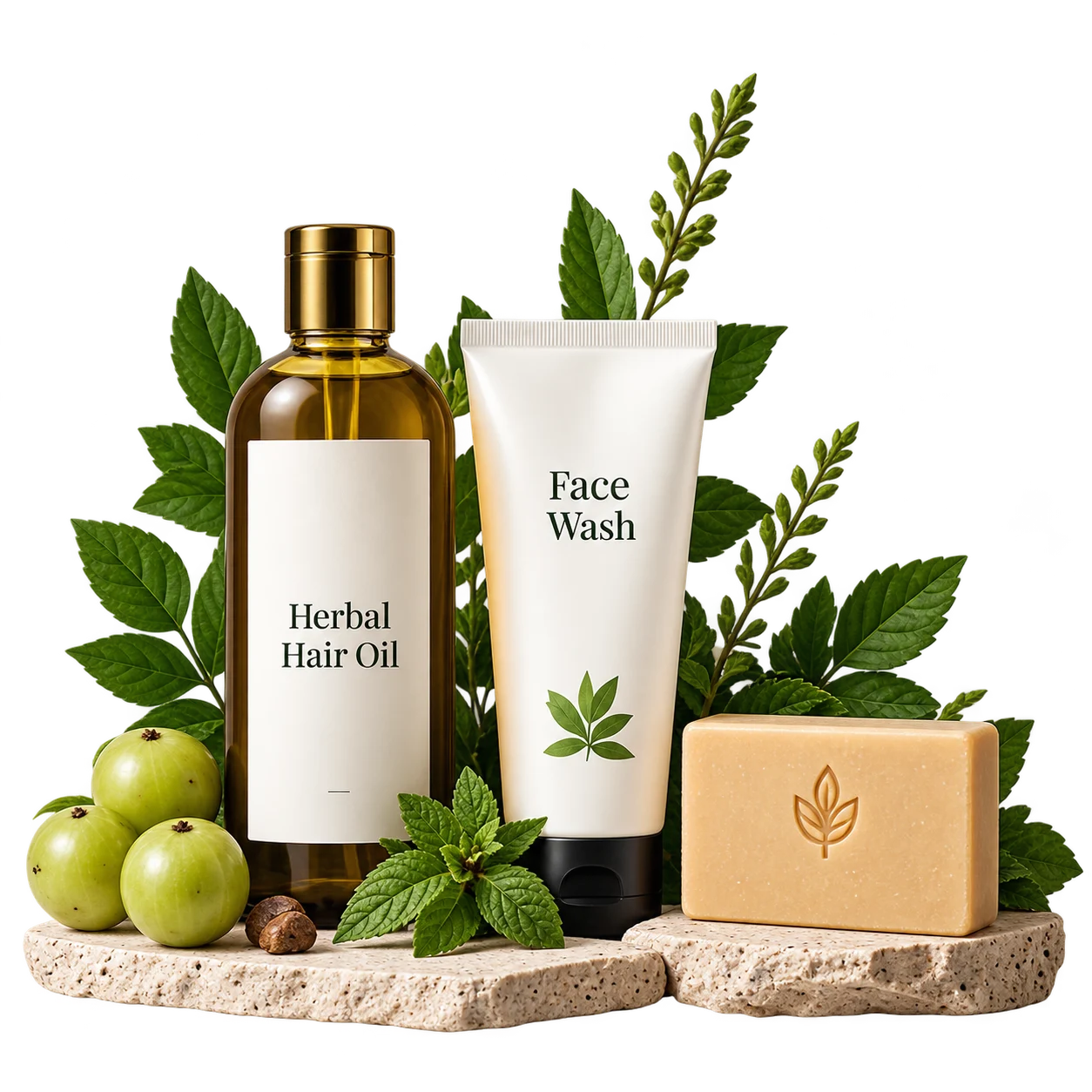 A herbal hair oil bottle, a face wash tube and a handmade soap bar arranged on stone with fresh amla and leaves