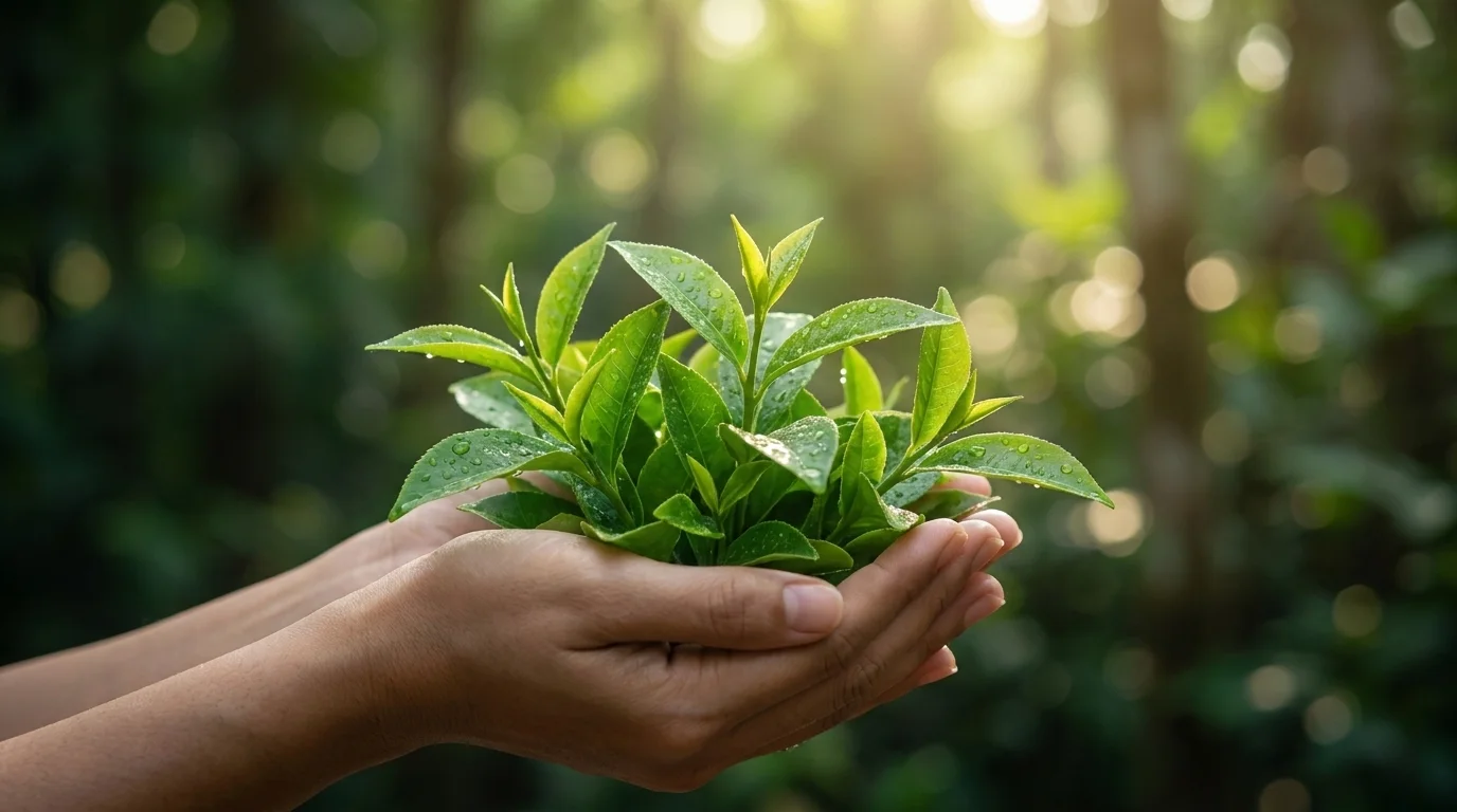 Two hands cupping fresh green herb leaves
