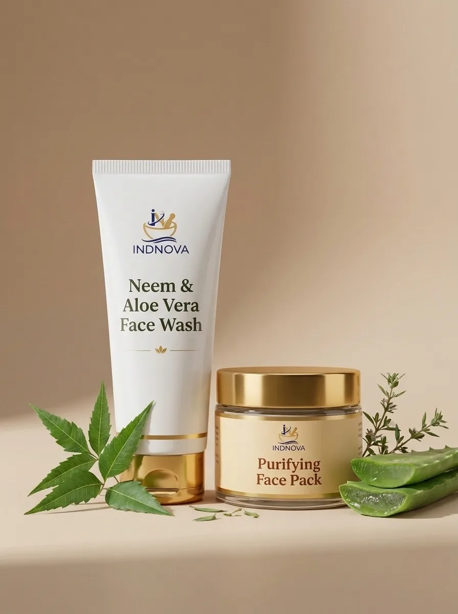 A neem and aloe vera face wash tube beside a purifying face pack jar, dressed with neem and aloe