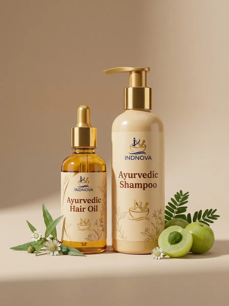 An ayurvedic hair oil bottle and shampoo pump beside fresh amla and bhringraj