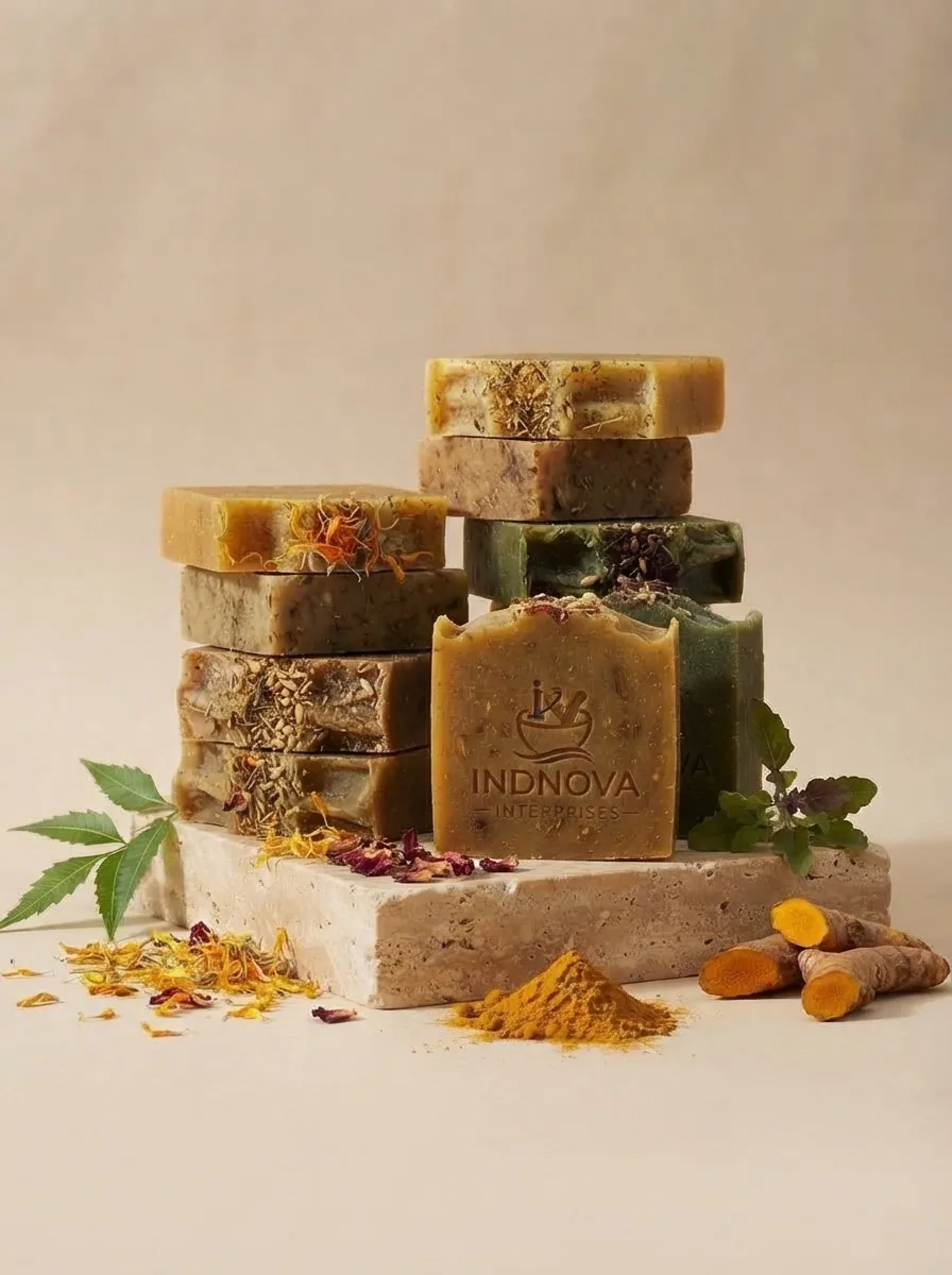 Handmade herbal soap bars stacked on stone with turmeric, neem and dried flowers
